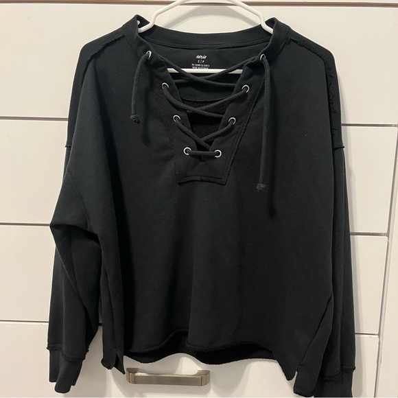 Aerie Black Lace Up Crewneck - Picture 2 of 5